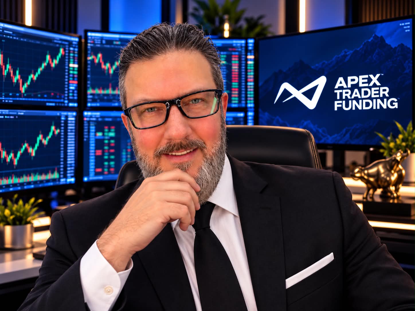 Toby at his trading desk with charts and an Apex Trader Funding screen